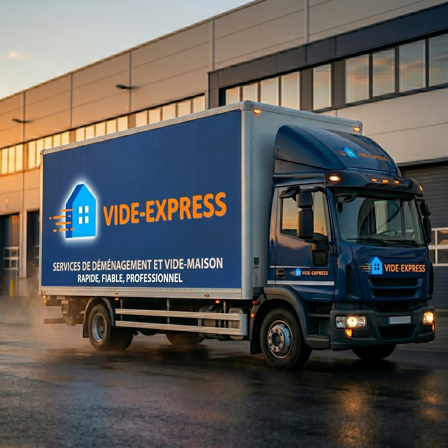 Camion Vide-Express devant un dépôt à Bruxelles, prêt pour un débarras ou un déménagement